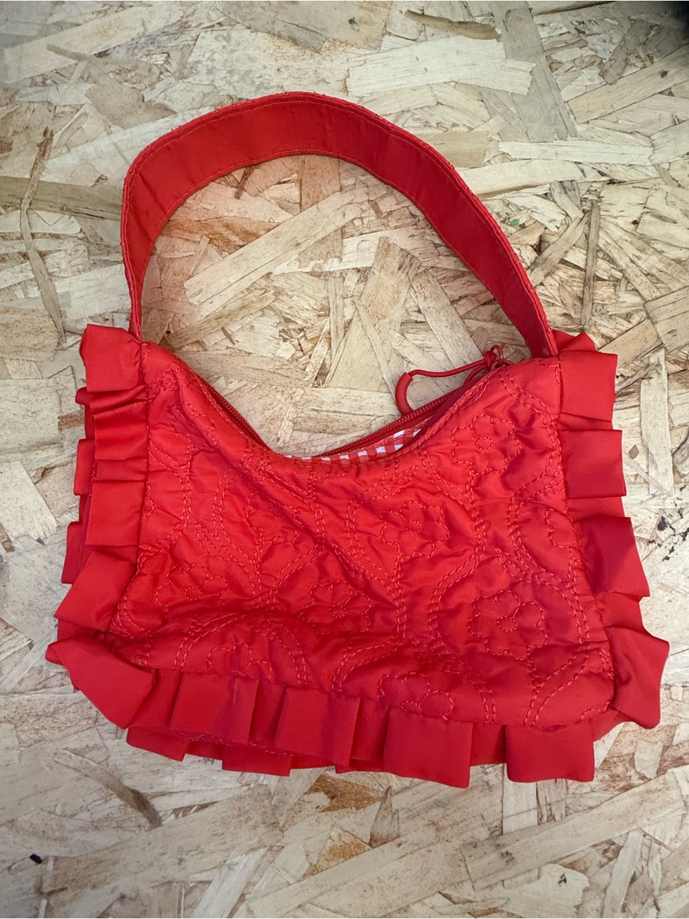 Quilted Red Ruffle Shoulder Bag